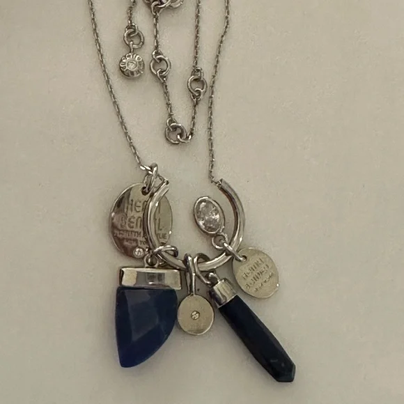 Henri Bendel  silver tone necklace with dark blue crystal and logo charms disc - Picture 3 of 9